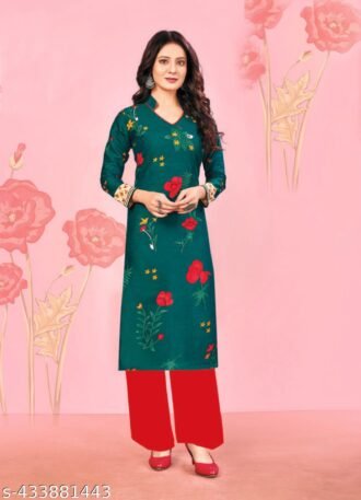 WHITE CAMEL Women's Georgette Casual Floral Digital Print V-Neck 3/4 Sleeve Knee-Length Fit & Flare Long Kurti